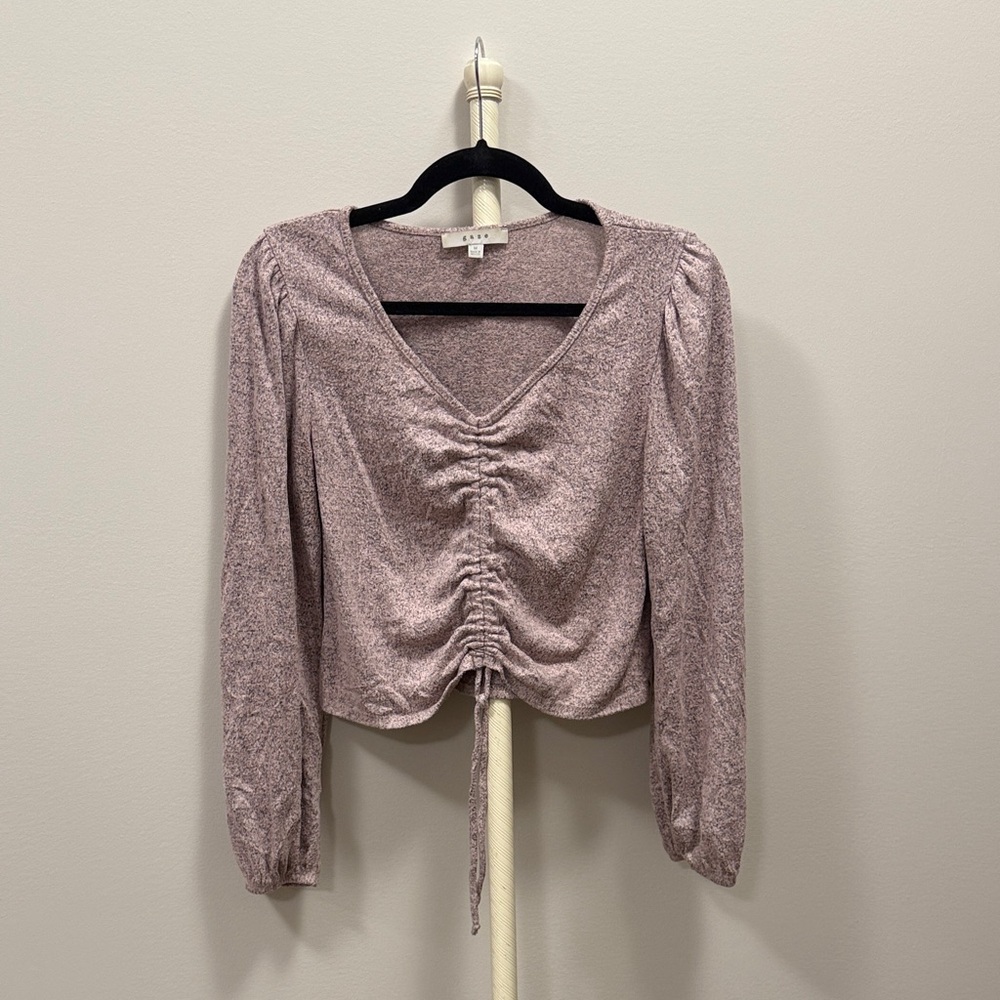 Gaze Ruched V-Neck Blouse - light pink and grey